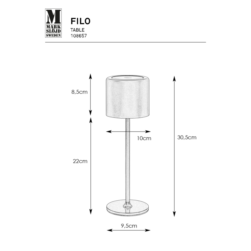 Markslöjd 108657 - LED Stmívatelná nabíjecí stolní lampa FILO LED/2W/5V IP44 30 cm černá