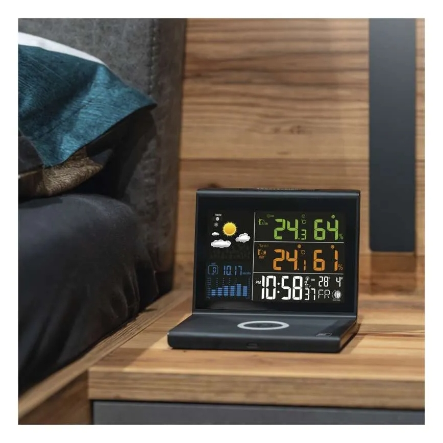 Meteostanice s bezdrátovým nabíjením 5V 2xAA + 2xAAA černá