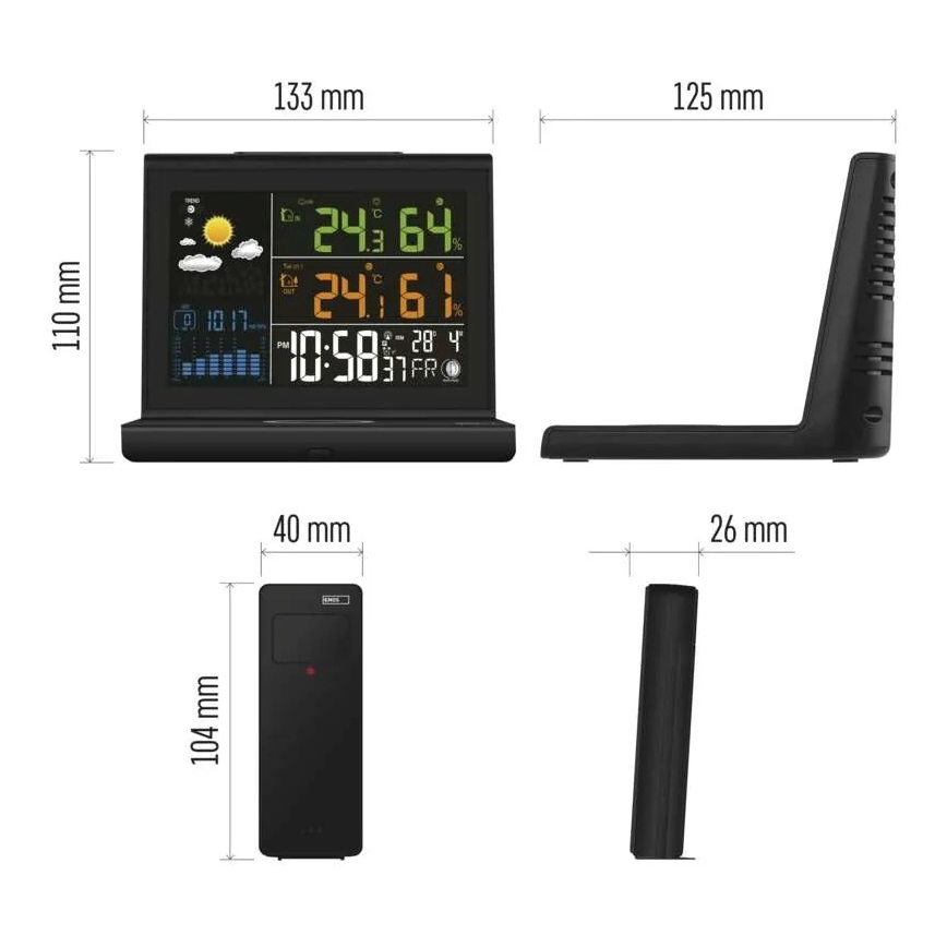 Meteostanice s bezdrátovým nabíjením 5V 2xAA + 2xAAA černá