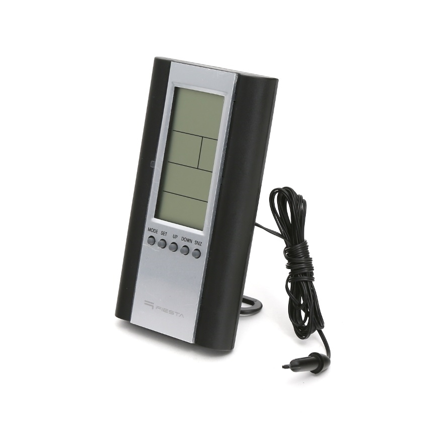 Meteostanice s LCD displejem a budíkem 2xAAA černá/stříbrná