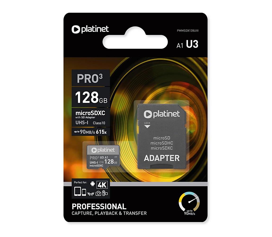  MicroSDXC 128GB U3 Pro A1 90MB/s + SD adaptér 