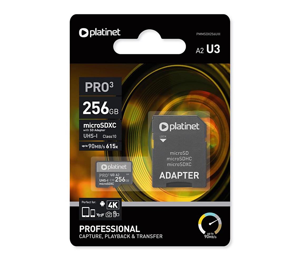 Platinet MicroSDXC 256GB U3 Pro A2 90MB/s + SD adaptér PL0192