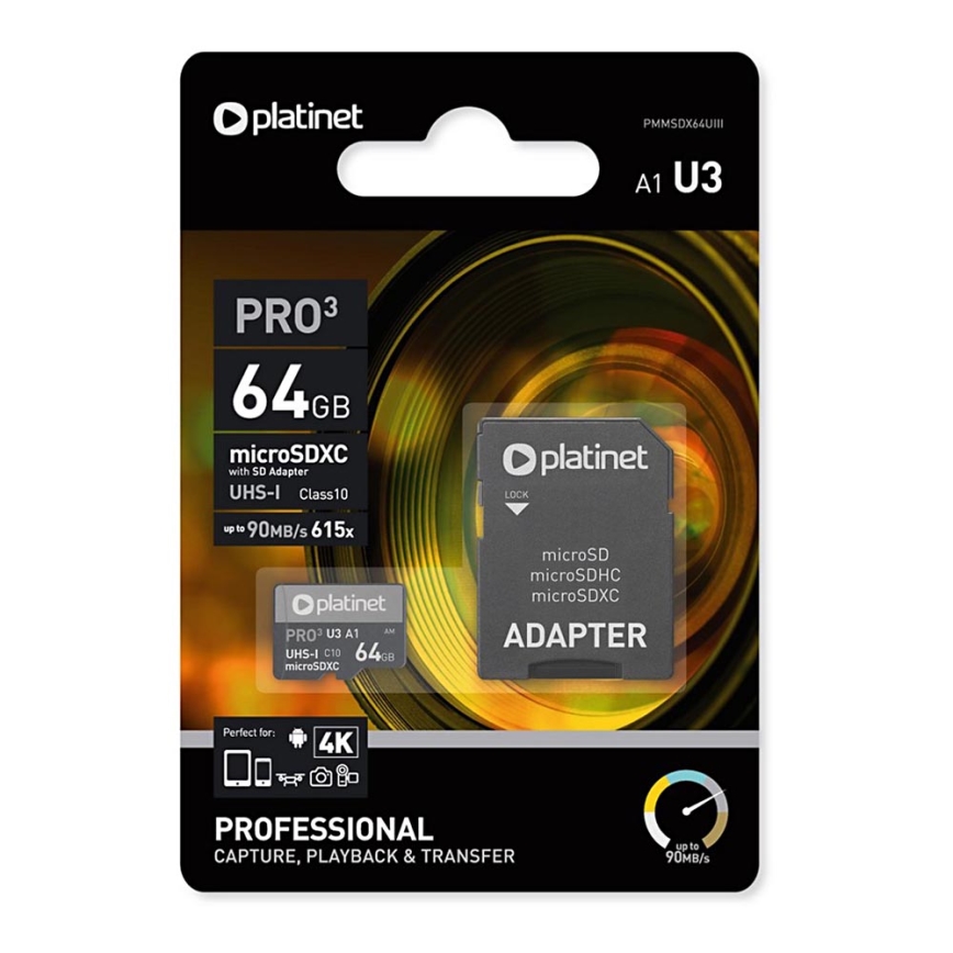 MicroSDXC 64GB U3 Pro A1 90MB/s + SD adaptér