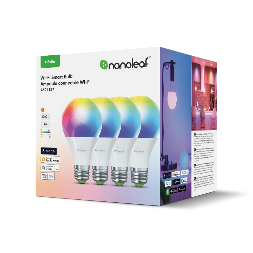 Nanoleaf - SADA 4x LED RGBW Stmívatelná žárovka ESSENTIALS MATTER A19 E27/9W/230V 2700-6500K CRI 90 Wi-Fi
