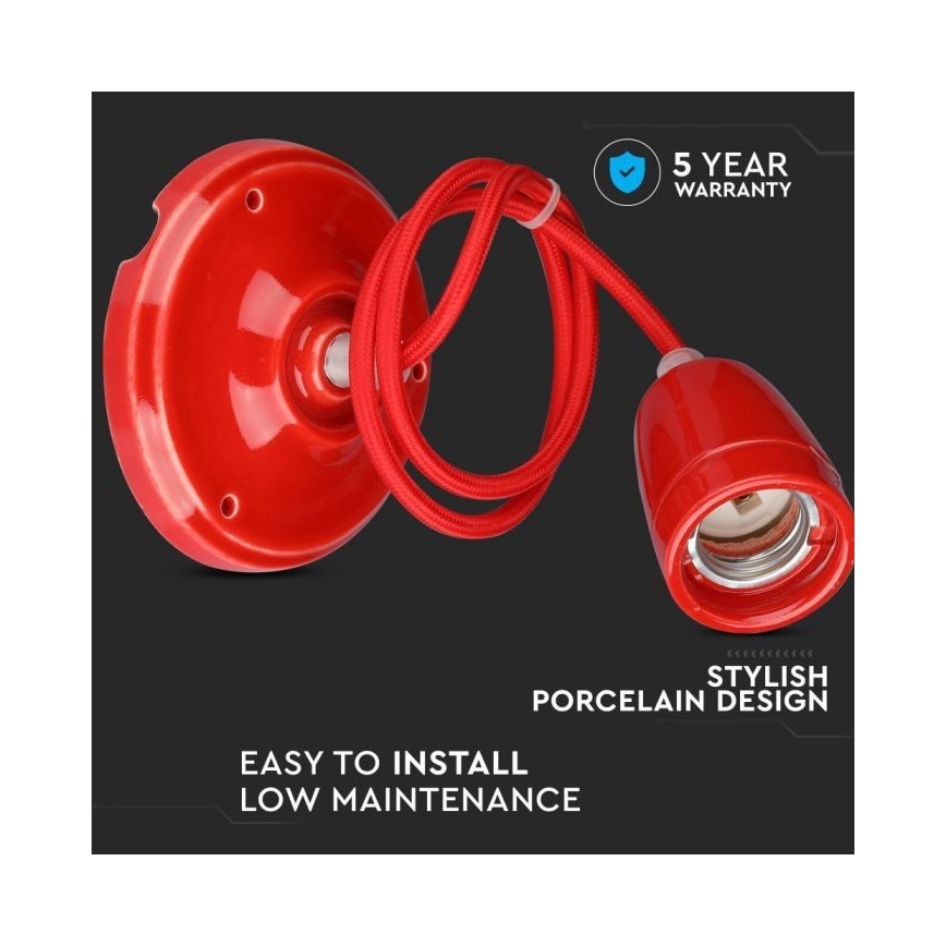 Napájecí kabel 1xE27/60W/230V červená/porcelán
