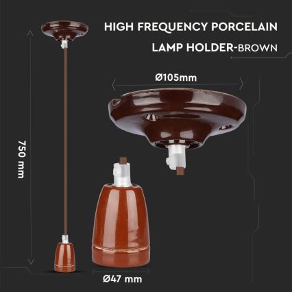 Napájecí kabel 1xE27/60W/230V hnědá/porcelán