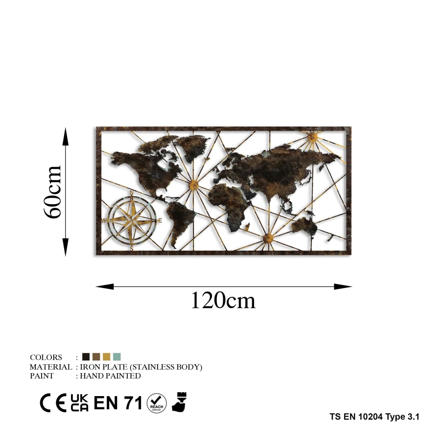 Nástěnná dekorace 120x60 cm mapa světa kov