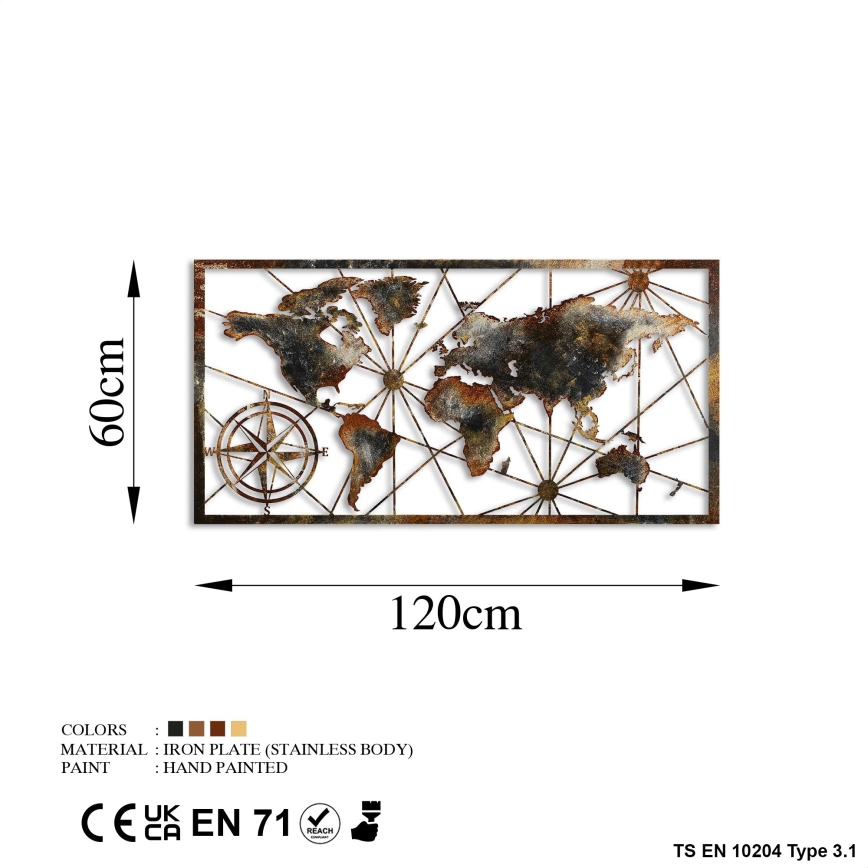 Nástěnná dekorace 120x60 cm mapa světa kov