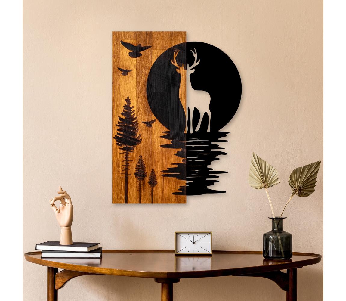  Nástěnná dekorace 43x58 cm jelen a měsíc dřevo/kov 