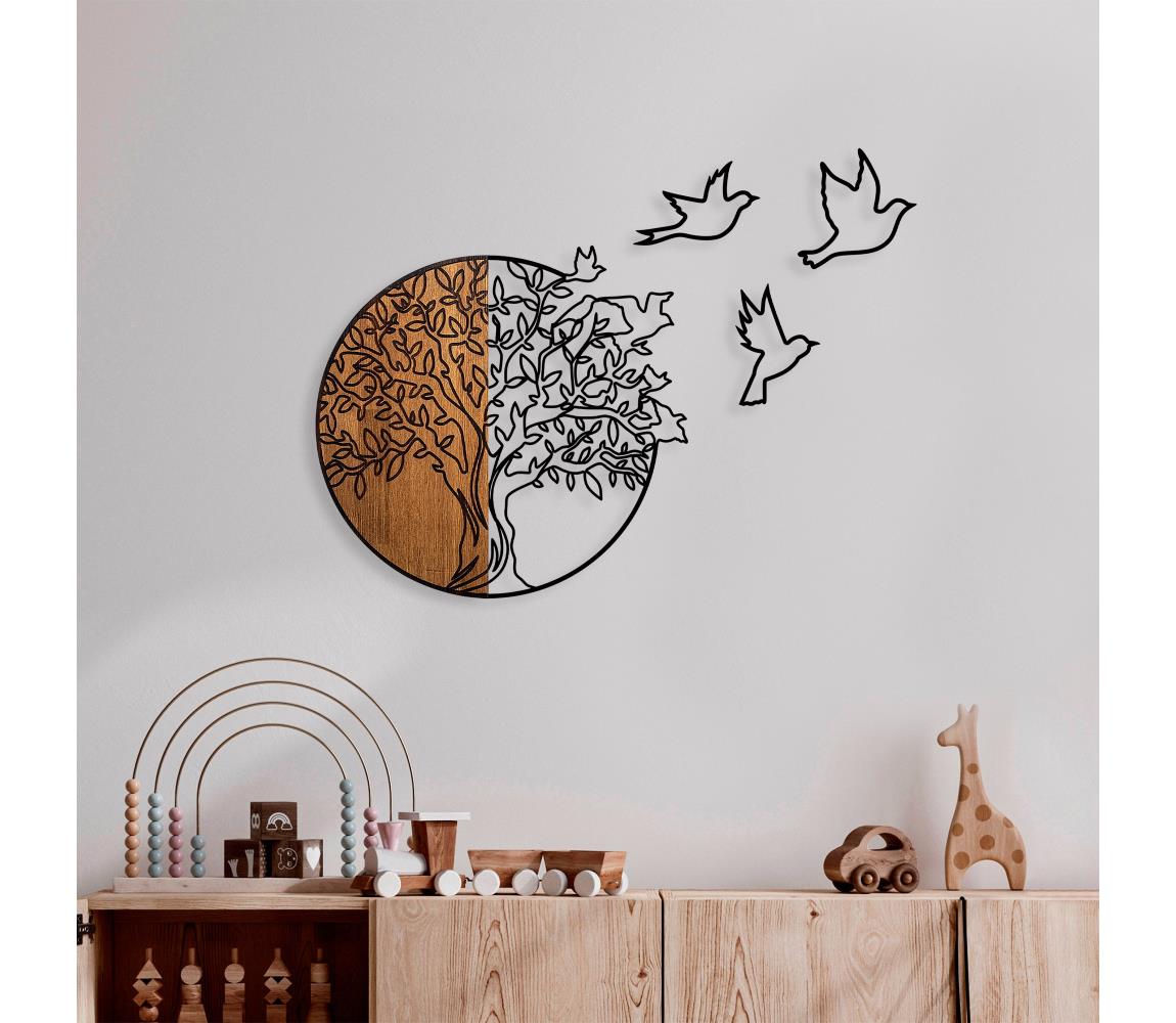  Nástěnná dekorace 60x56 cm strom a ptáci dřevo/kov 