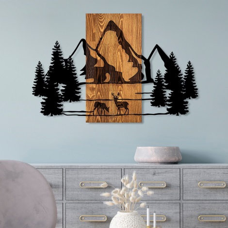 Nástěnná dekorace 88x57 cm hory dřevo/kov