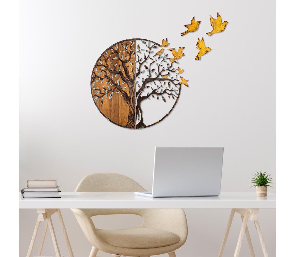  Nástěnná dekorace 92x71 cm strom a ptáci dřevo/kov 