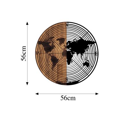 Nástěnná dekorace pr. 56 cm mapa dřevo/kov