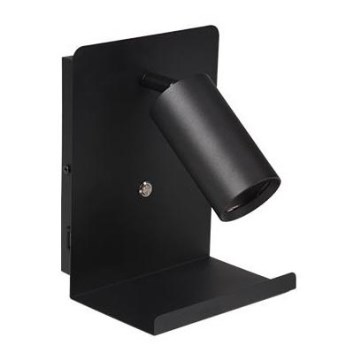 Nástěnné bodové svítidlo s poličkou a USB nabíječkou 1xGU10/35W/230V černá