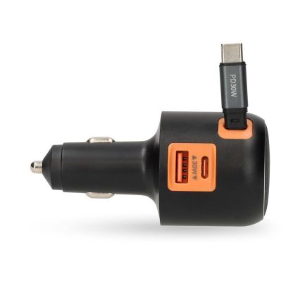 Nabíječka do auta se zatahovacím kabelem Power Delivery 30W 2xUSB-C + 1xUSB-A