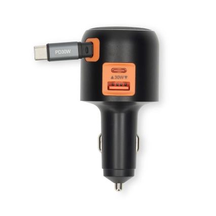 Nabíječka do auta se zatahovacím kabelem Power Delivery 30W 2xUSB-C + 1xUSB-A
