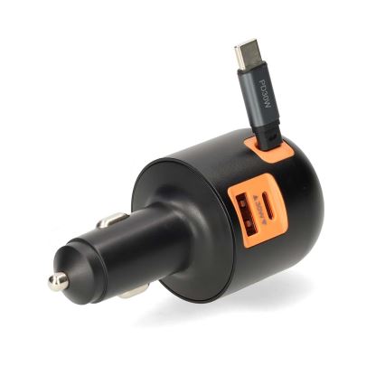 Nabíječka do auta se zatahovacím kabelem Power Delivery 30W 2xUSB-C + 1xUSB-A