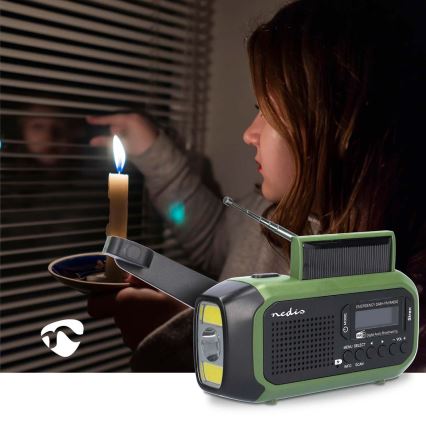 Rádio DAB+/FM na kliku se solárním panelem a LED svítilnou 5V/2500 mAh zelená/černá