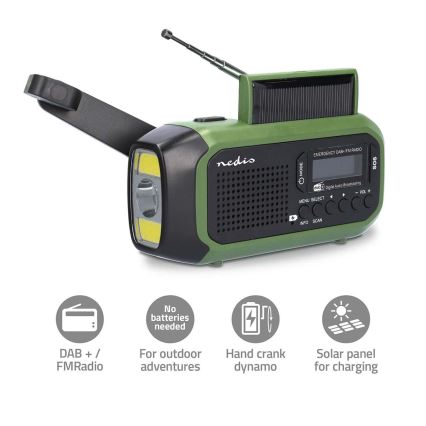 Rádio DAB+/FM na kliku se solárním panelem a LED svítilnou 5V/2500 mAh zelená/černá