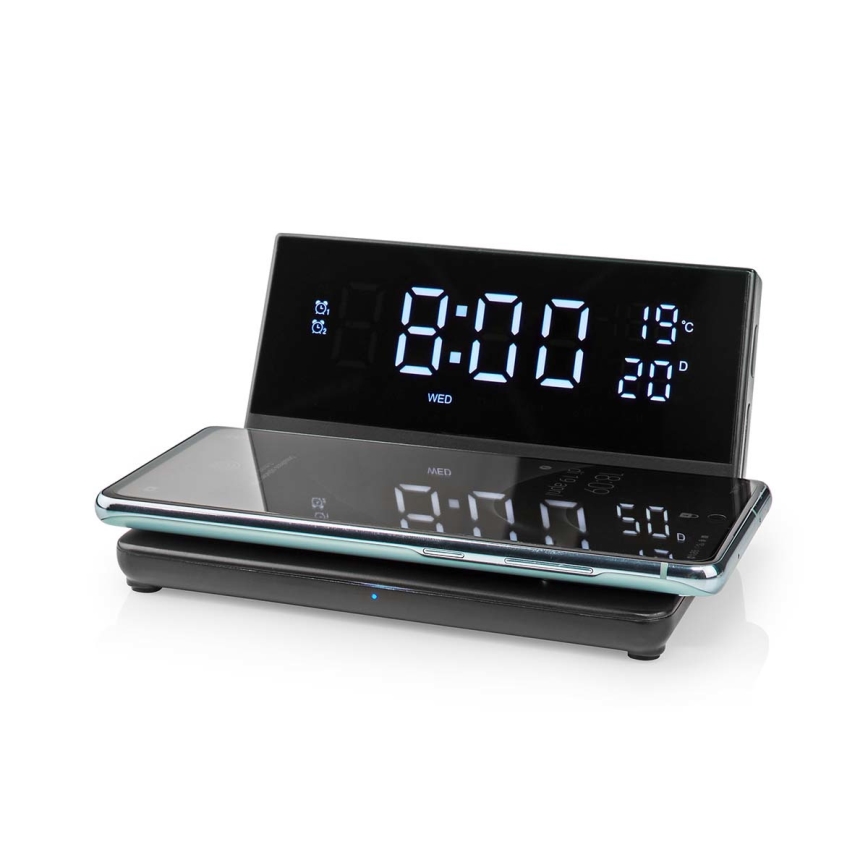 Budík s LCD displejem a bezdrátovou nabíječkou 15W/5V + 1xCR2032 černá