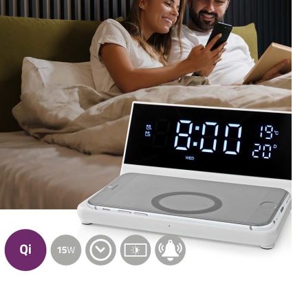 Budík s LCD displejem a bezdrátovou nabíječkou 15W/5V + 1xCR2032 bílá
