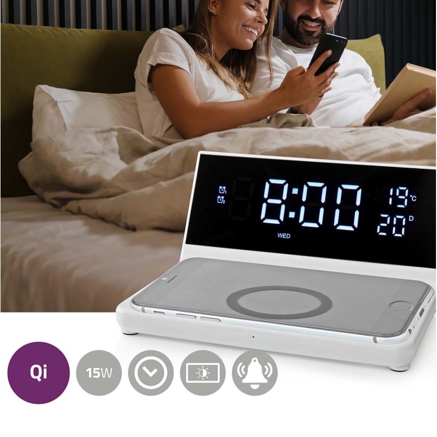 Budík s LCD displejem a bezdrátovou nabíječkou 15W/5V + 1xCR2032 bílá