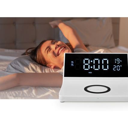 Budík s LCD displejem a bezdrátovou nabíječkou 15W/5V + 1xCR2032 bílá