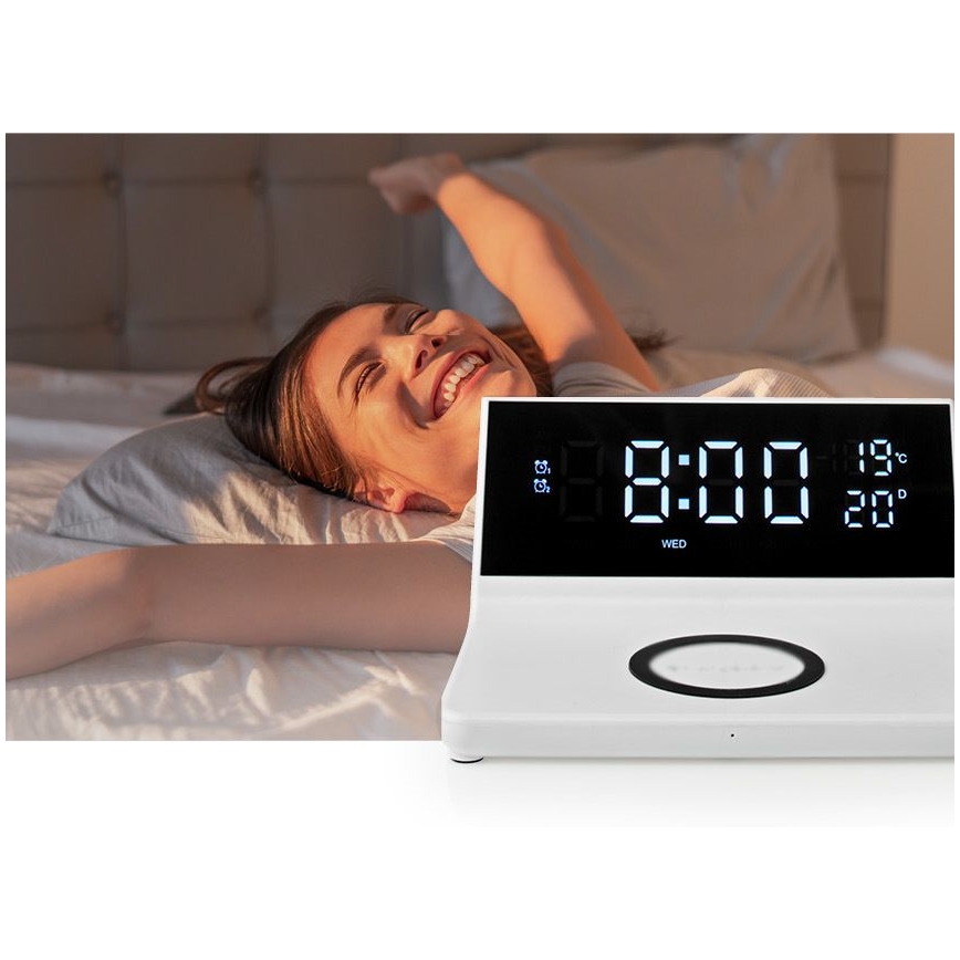 Budík s LCD displejem a bezdrátovou nabíječkou 15W/5V + 1xCR2032 bílá