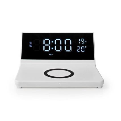 Budík s LCD displejem a bezdrátovou nabíječkou 15W/5V + 1xCR2032 bílá