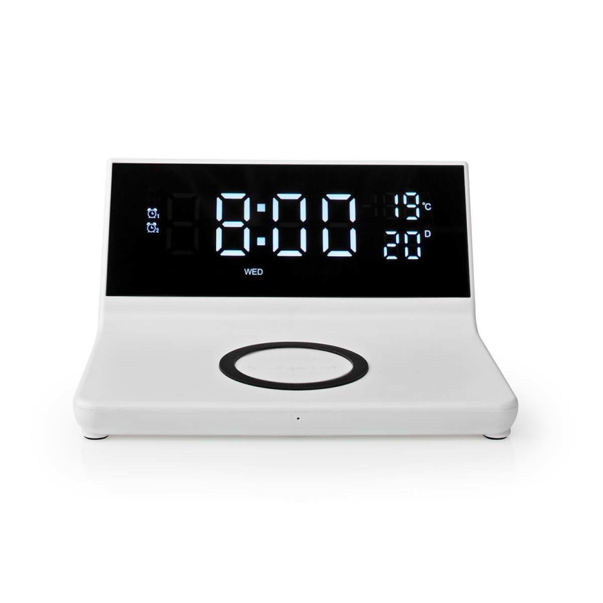 Budík s LCD displejem a bezdrátovou nabíječkou 15W/5V + 1xCR2032 bílá