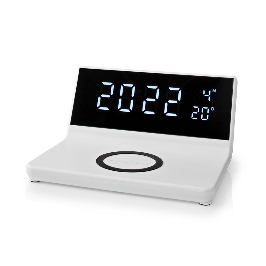 Budík s LCD displejem a bezdrátovou nabíječkou 15W/5V + 1xCR2032 bílá
