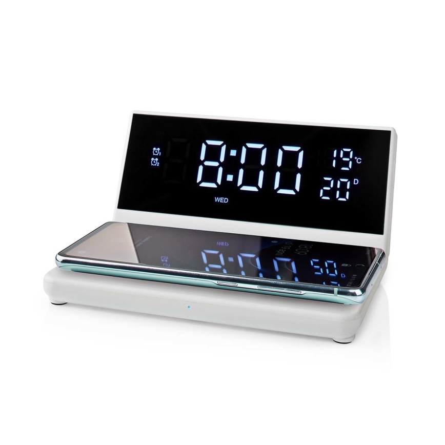 Budík s LCD displejem a bezdrátovou nabíječkou 15W/5V + 1xCR2032 bílá