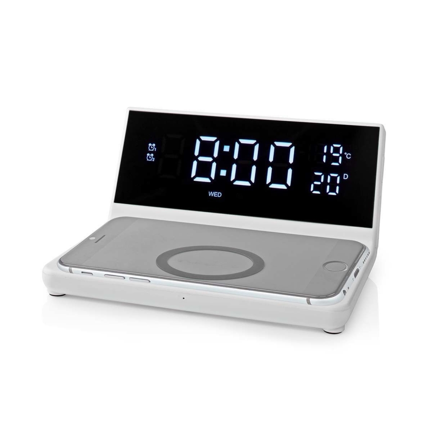 Budík s LCD displejem a bezdrátovou nabíječkou 15W/5V + 1xCR2032 bílá