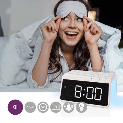 Budík s LCD displejem a bezdrátovou nabíječkou 15W/230V 1x CR2032 bílá