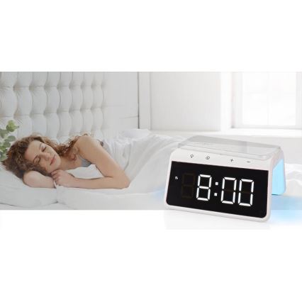 Budík s LCD displejem a bezdrátovou nabíječkou 15W/230V 1x CR2032 bílá