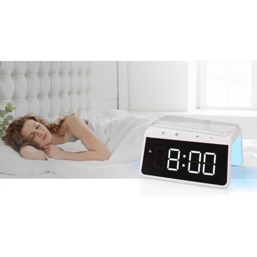 Budík s LCD displejem a bezdrátovou nabíječkou 15W/230V 1x CR2032 bílá