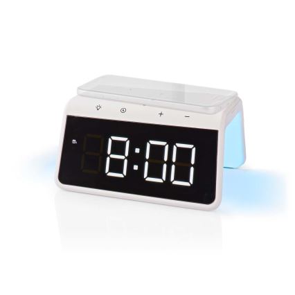 Budík s LCD displejem a bezdrátovou nabíječkou 15W/230V 1x CR2032 bílá