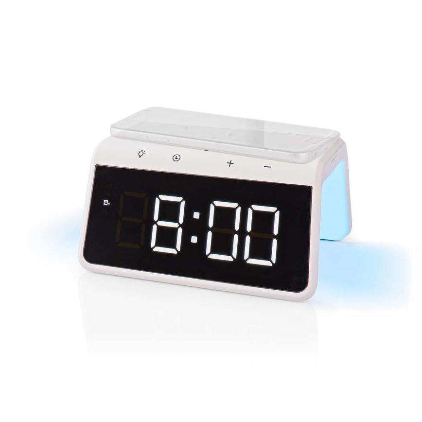 Budík s LCD displejem a bezdrátovou nabíječkou 15W/230V 1x CR2032 bílá