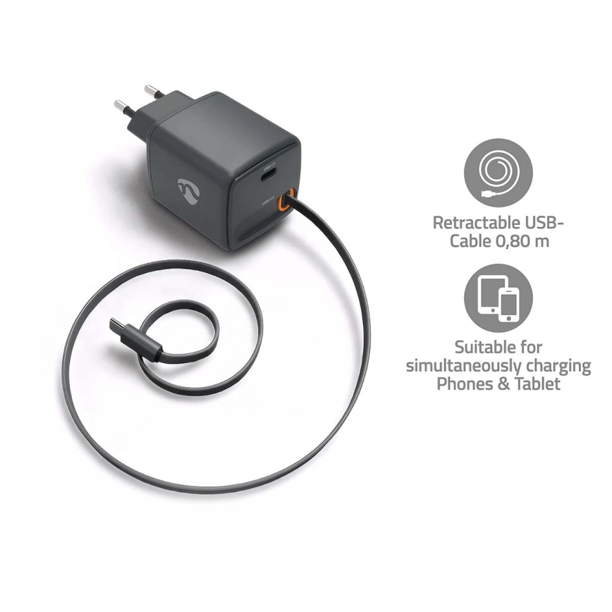 Nabíječka se zatahovacím kabelem Power Delivery 65W 2xUSB-C černá