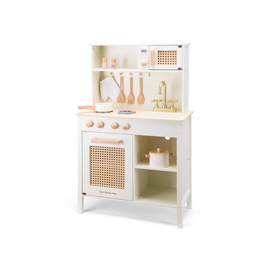 New Classic Toys - Dřevěná kuchyňka s příslušenstvím bílá/ratan