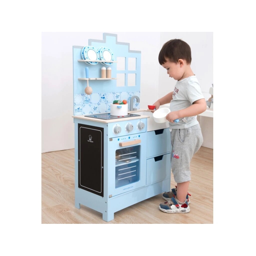 New Classic Toys - Dřevěná kuchyňka s příslušenstvím modrá