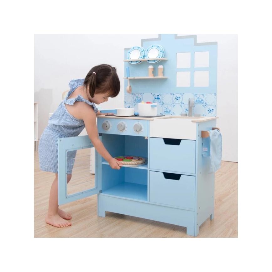 New Classic Toys - Dřevěná kuchyňka s příslušenstvím modrá