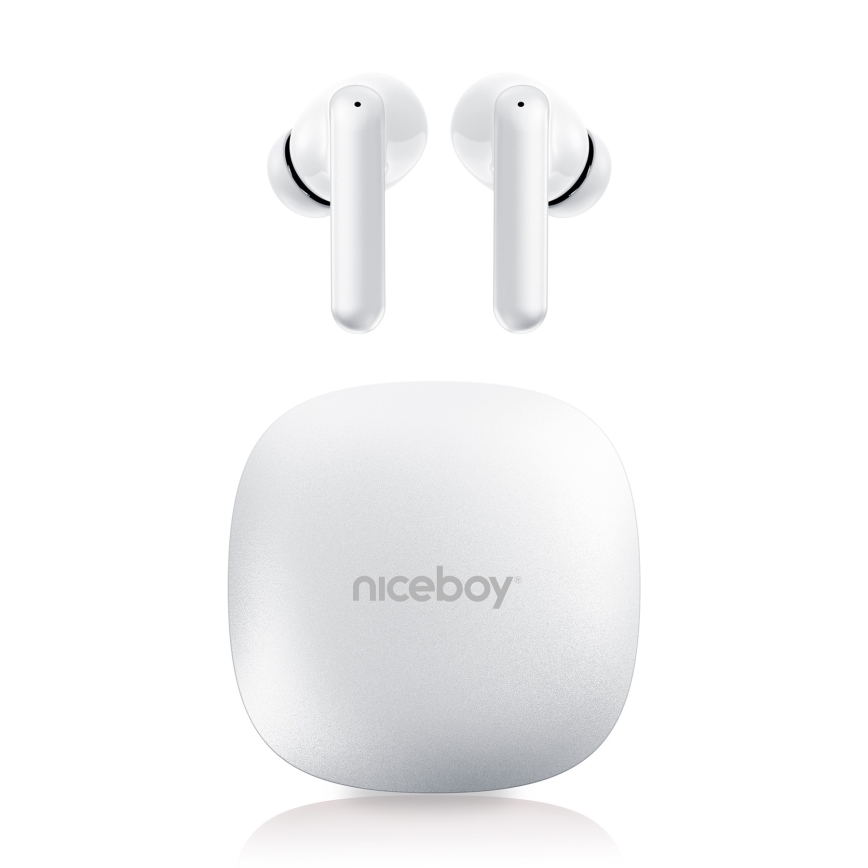 Niceboy Pins 4 PRO - Bezdrátová sluchátka s ANC 380 mAh + 2x 35 mAh IP54 bílá