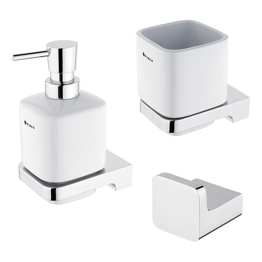 NIMCO MA set-31K-26 - Nástěnný dávkovač mýdla, stojánek na zubní kartáčky a nástěnný háček MAYA 320 ml bílá/lesklý chrom