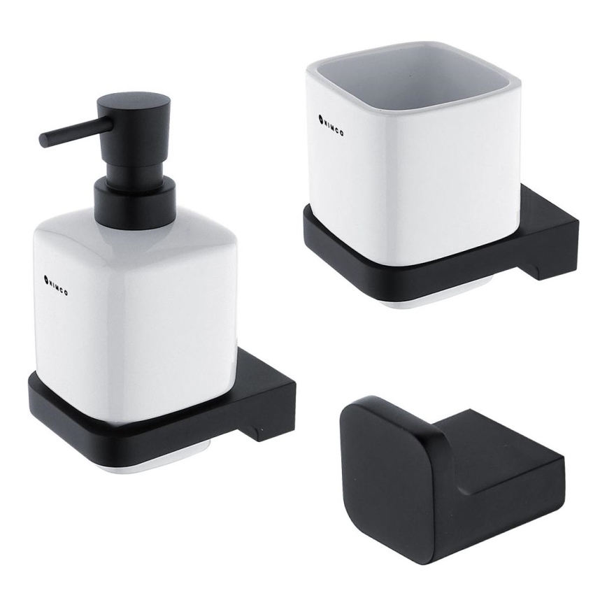 NIMCO MAC set-31K-T-90 - Nástěnný dávkovač mýdla, stojánek na zubní kartáčky a nástěnný háček MAYA 320 ml bílá/matná černá
