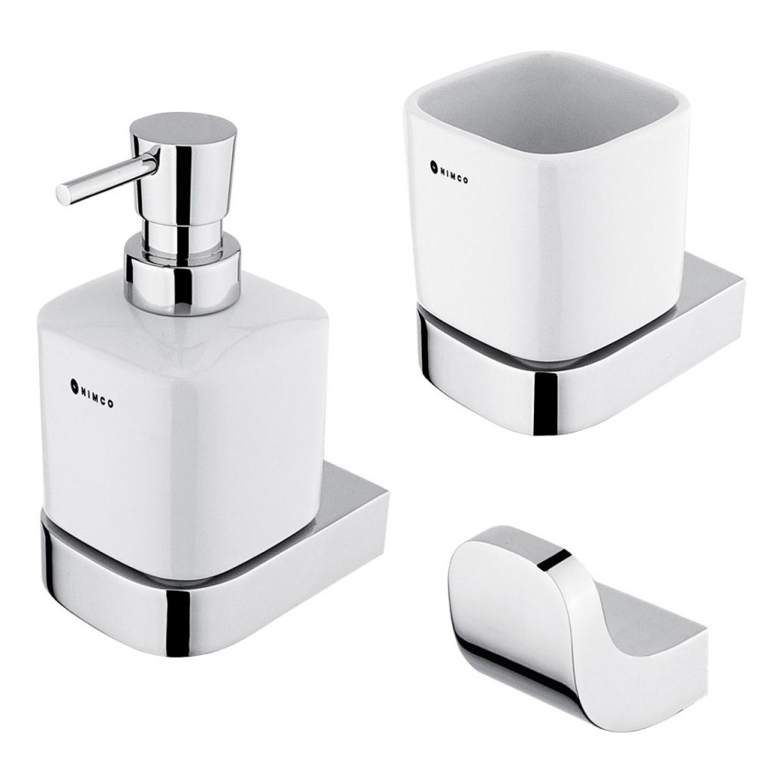 NIMCO NK set-31K-26 - Nástěnný dávkovač mýdla, stojánek na zubní kartáčky a nástěnný háček NIKAU 320 ml bílá/lesklý chrom