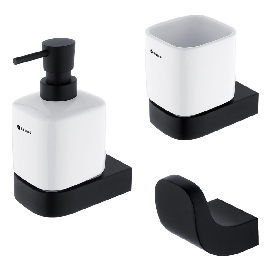 NIMCO NKC set-31K-T-90 - Nástěnný dávkovač mýdla, stojánek na zubní kartáčky a nástěnný háček NIKAU 320 ml bílá/matná černá
