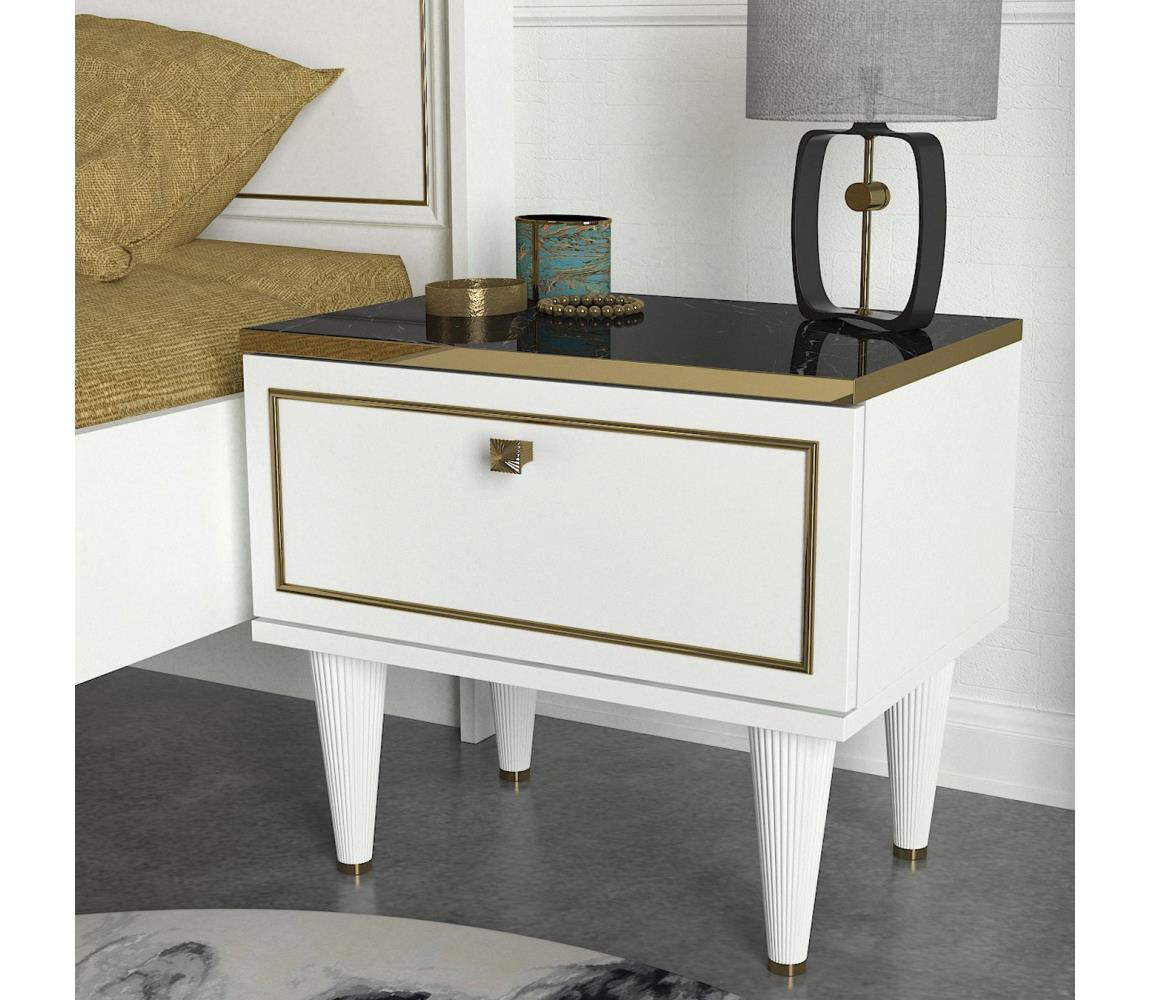  Noční stolek RAVENNA 47,2x50 cm bílá/černá/zlatá 