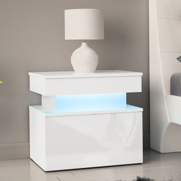 Noční stolek s LED osvětlením GLOSSA 51x55 cm bílá/lesklá bílá