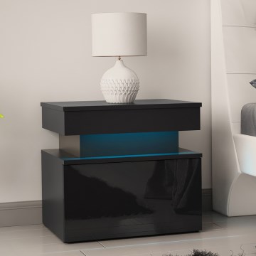 Noční stolek s LED osvětlením GLOSSA 55x51 cm černá/lesklá černá